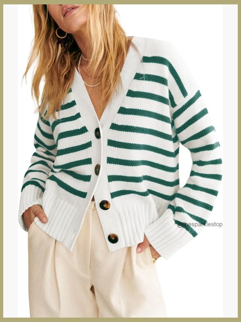 Striped V-Neck Cardigan Sweater Open Front Ribbed Knit Long Sleeve